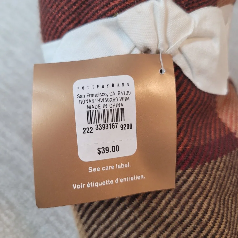 Pottery Barn Ronan Plaid Throw Blanket Brown Tan Orange 50x60 NEW w Tags Fall